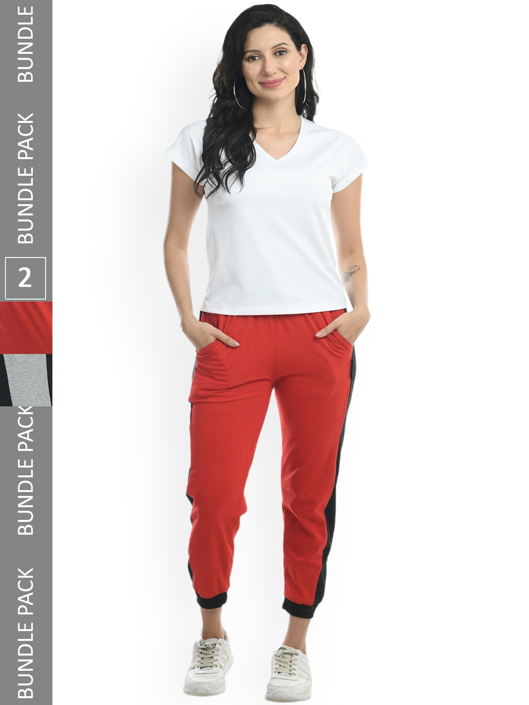 

IndiWeaves Women Pack Of 2 Colourblocked Pure Cotton Joggers, Red