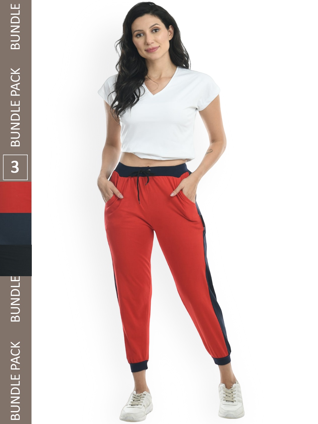

IndiWeaves Women Pack Of 3 Pure Cotton Joggers, Red