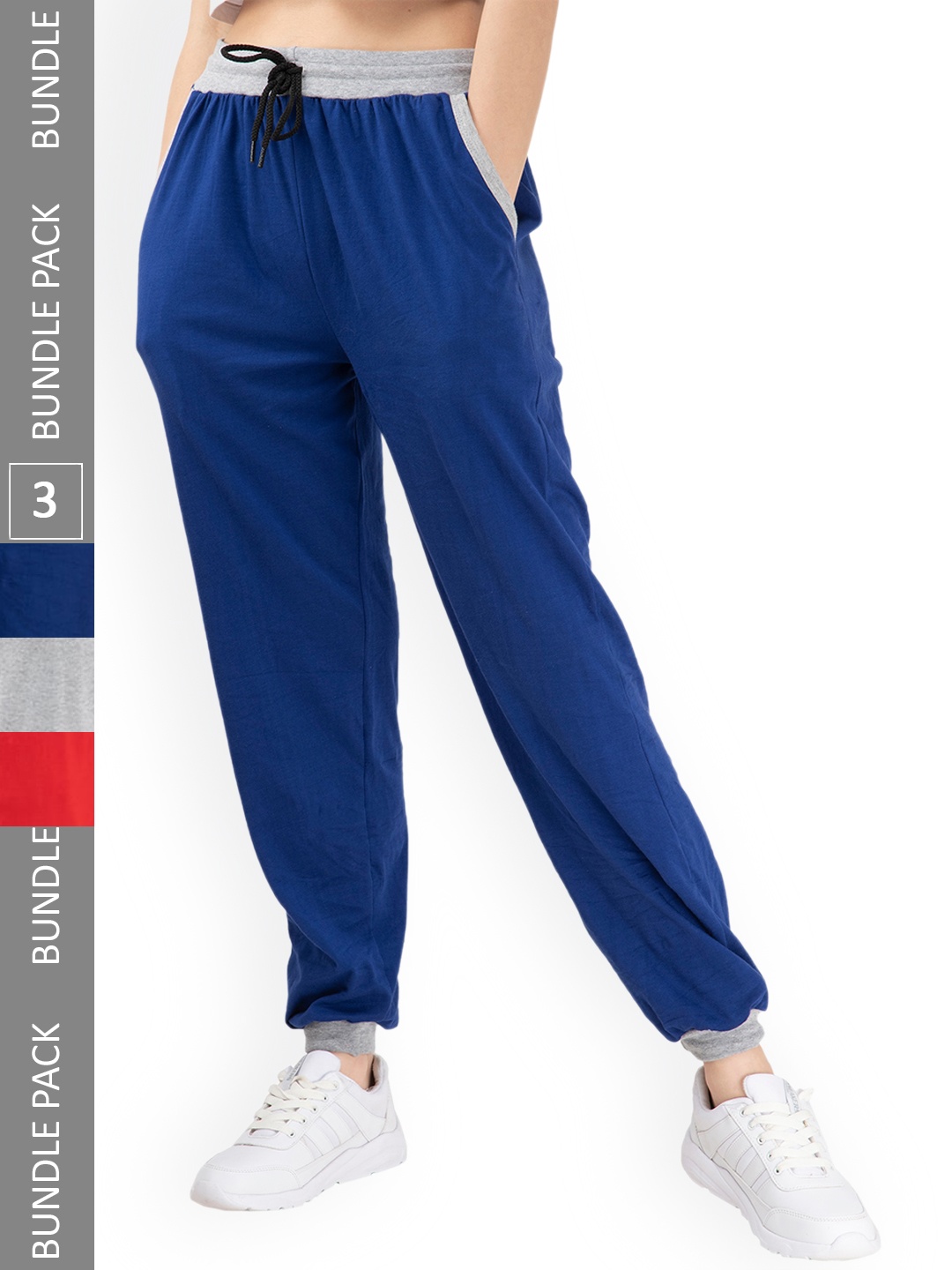

IndiWeaves Women Pack Of 3 Panel Details Pure Cotton Joggers, Blue