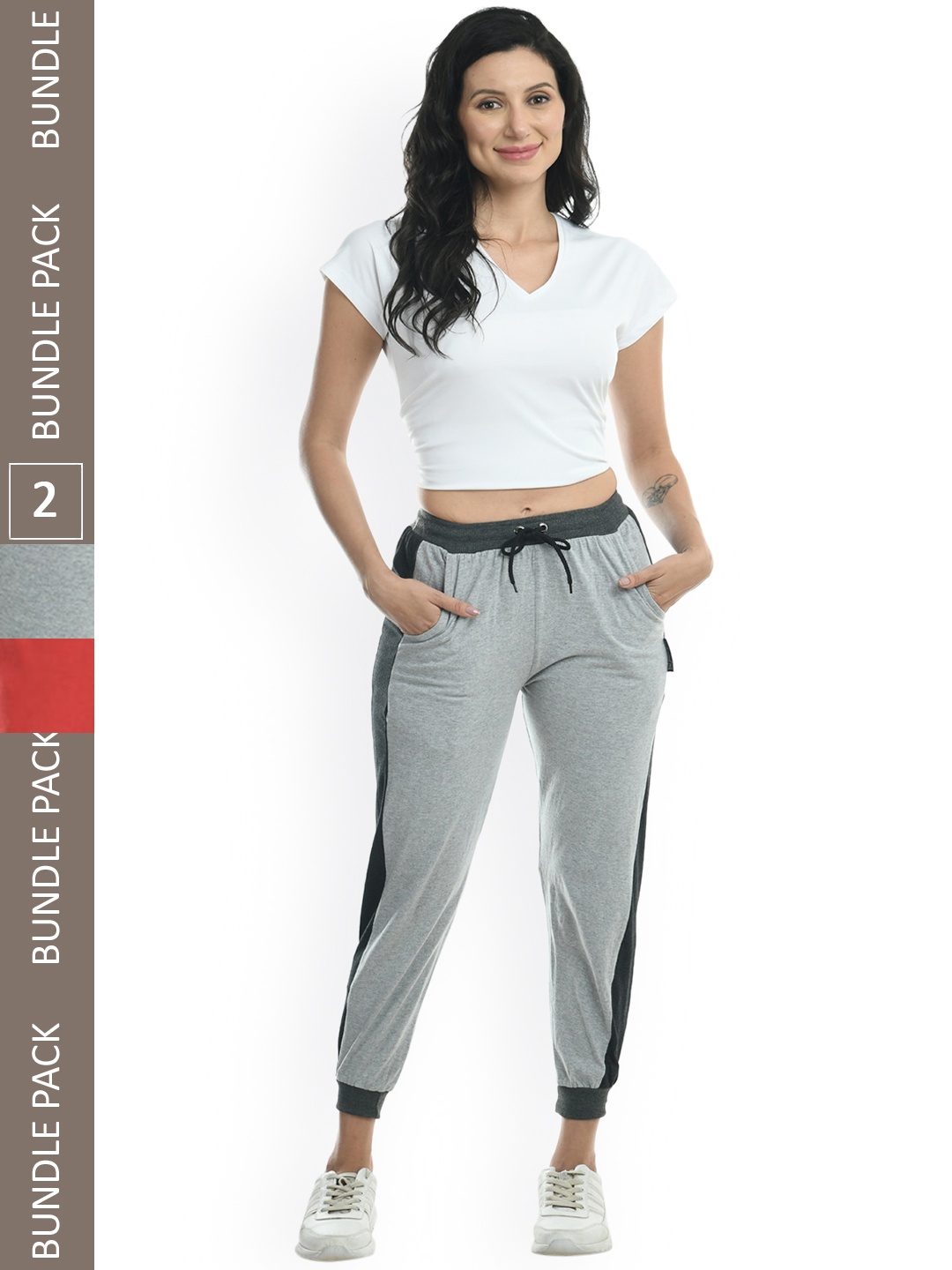 

IndiWeaves Women Pack Of 2 Side Panel Details Pure Cotton Joggers, Grey