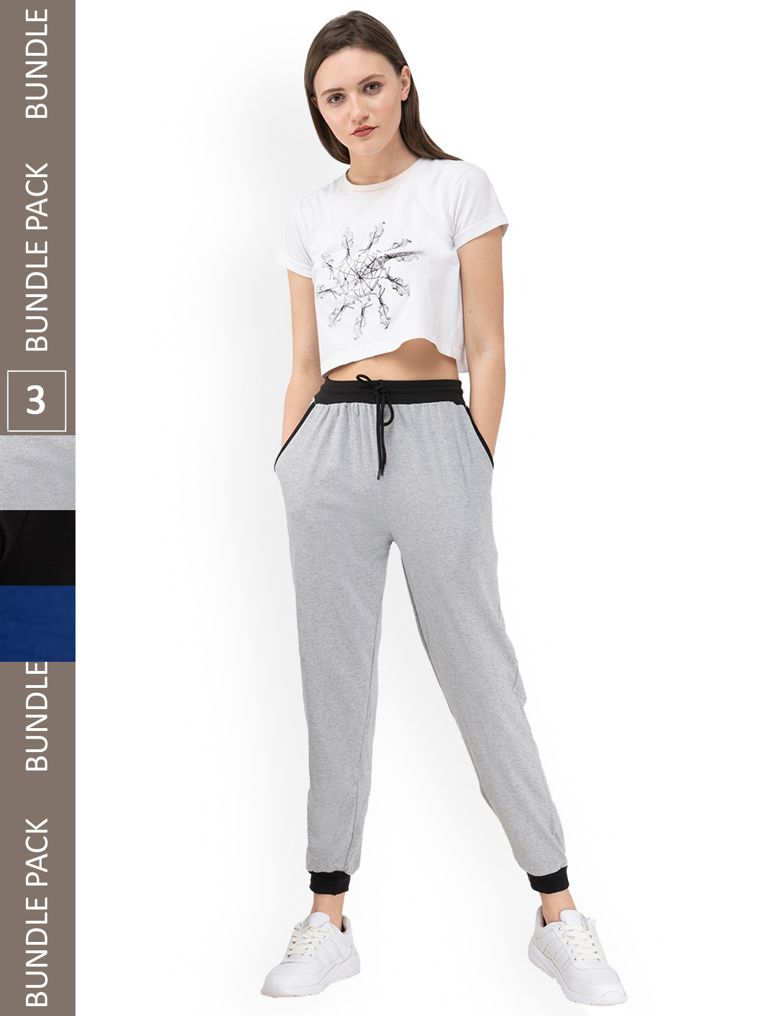 

IndiWeaves Women Pack Of 3 Pure Cotton Joggers, Grey
