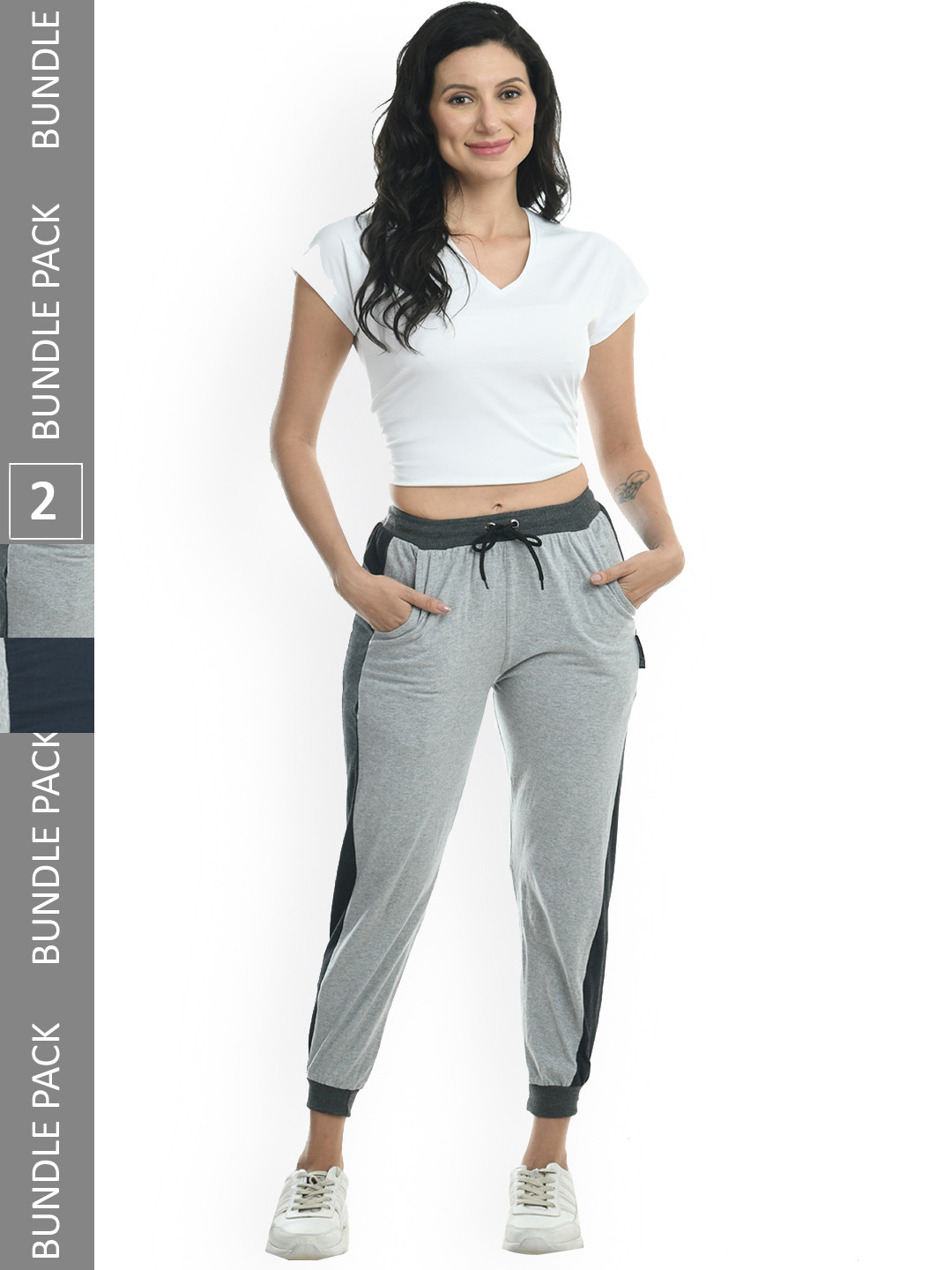 

IndiWeaves Women Pack Of 2 Side Panel Details Pure Cotton Joggers, Grey melange