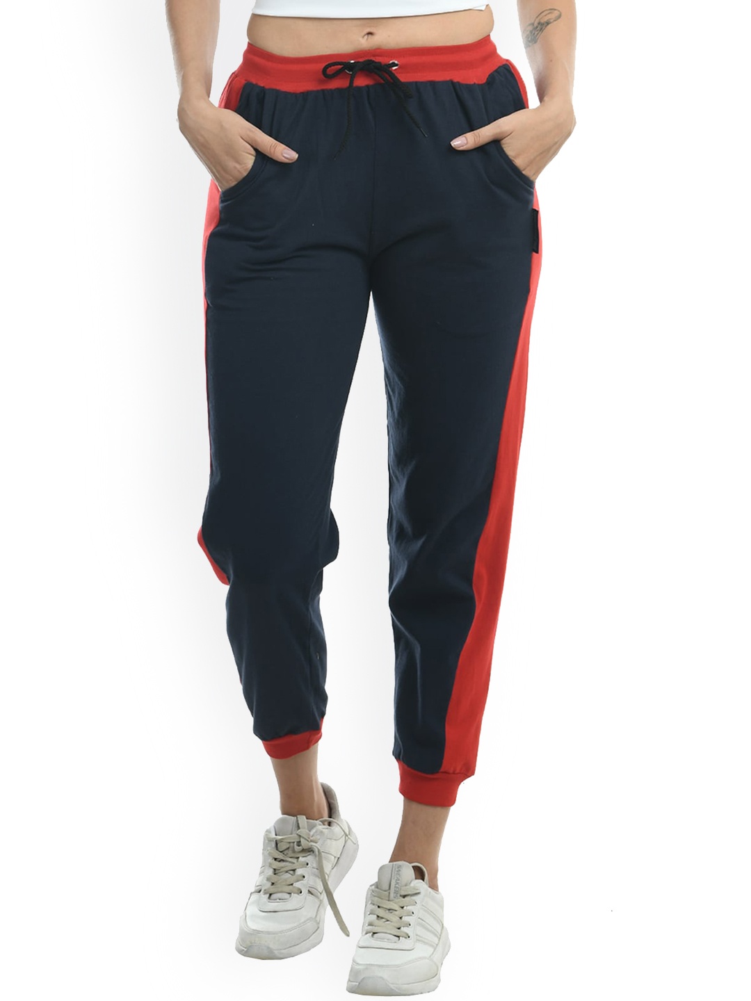 

IndiWeaves Women Side Panel Detail Pure Cotton Joggers, Navy blue