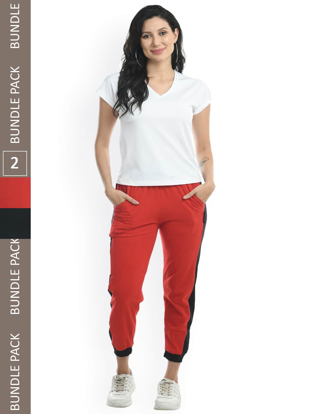 

IndiWeaves Women Pack Of 2 Side Panel Details Pure Cotton Joggers, Red