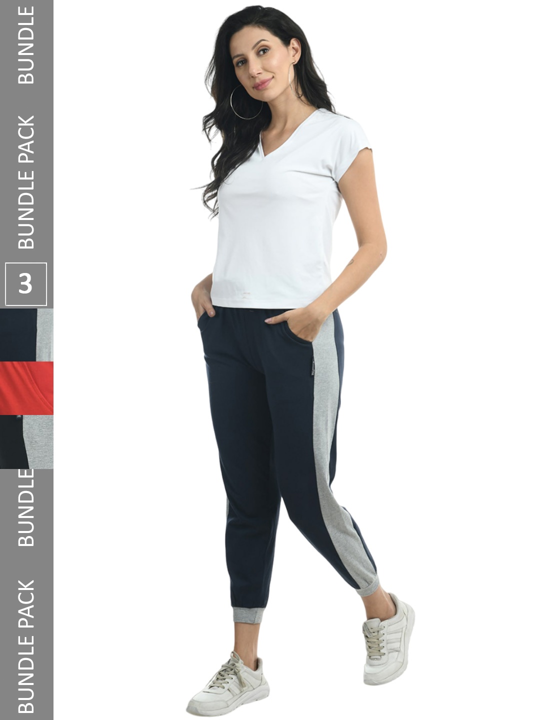 

IndiWeaves Women Pack Of 3 Side Striped Pure Cotton Joggers, Black