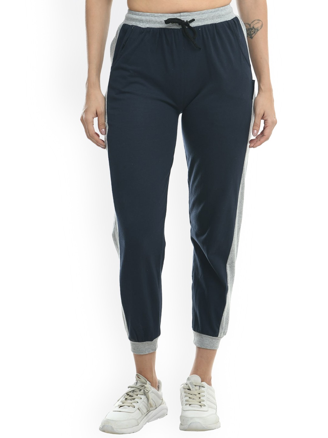 

IndiWeaves Women Side Panel Details Pure Cotton Joggers, Navy blue