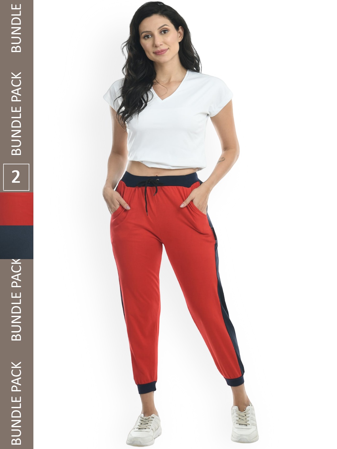 

IndiWeaves Women Pack Of 2 Side Striped Pure Cotton Joggers, Red