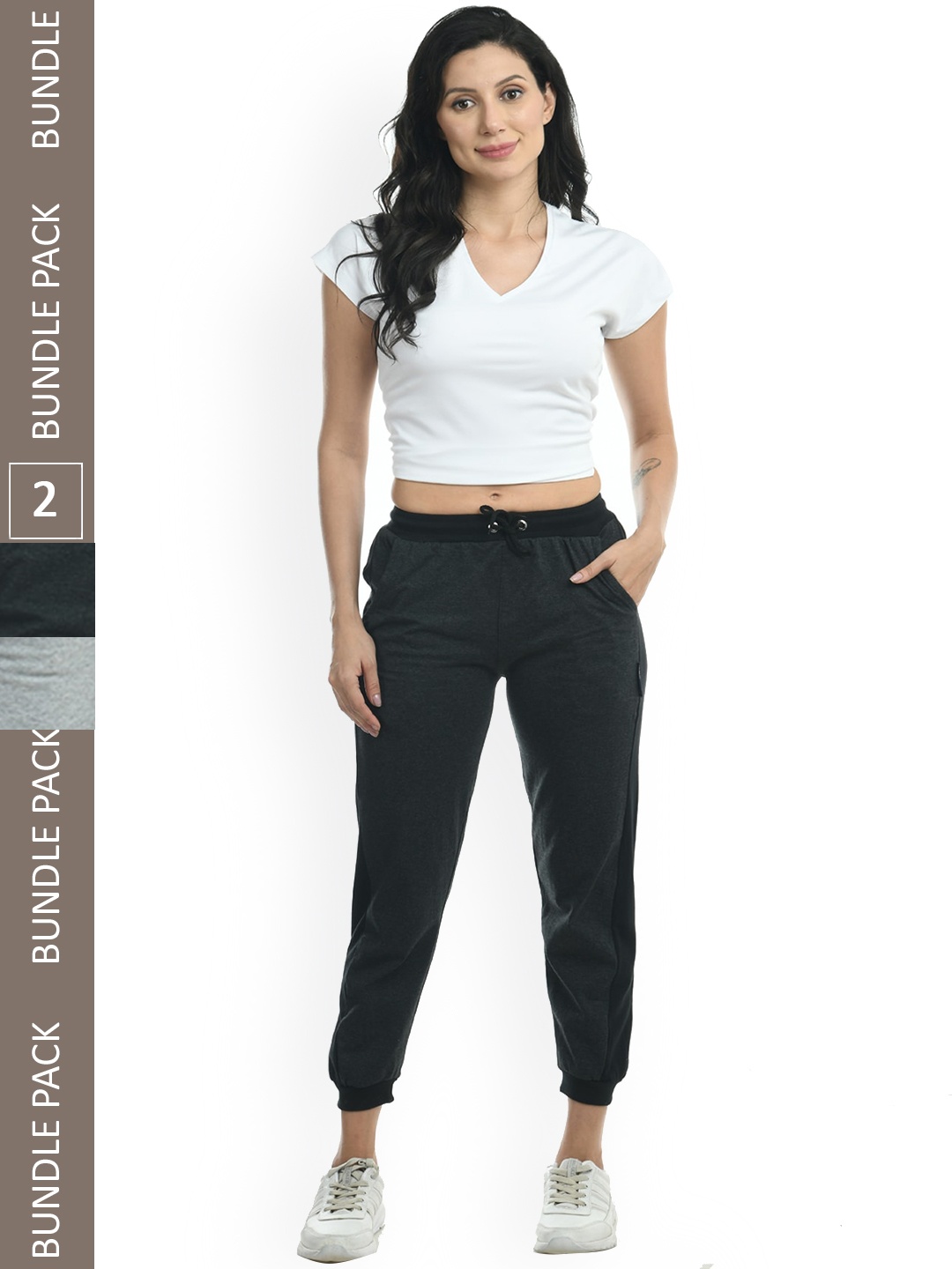 

IndiWeaves Women Pack Of 2 Side Panel Details Pure Cotton Joggers, Black