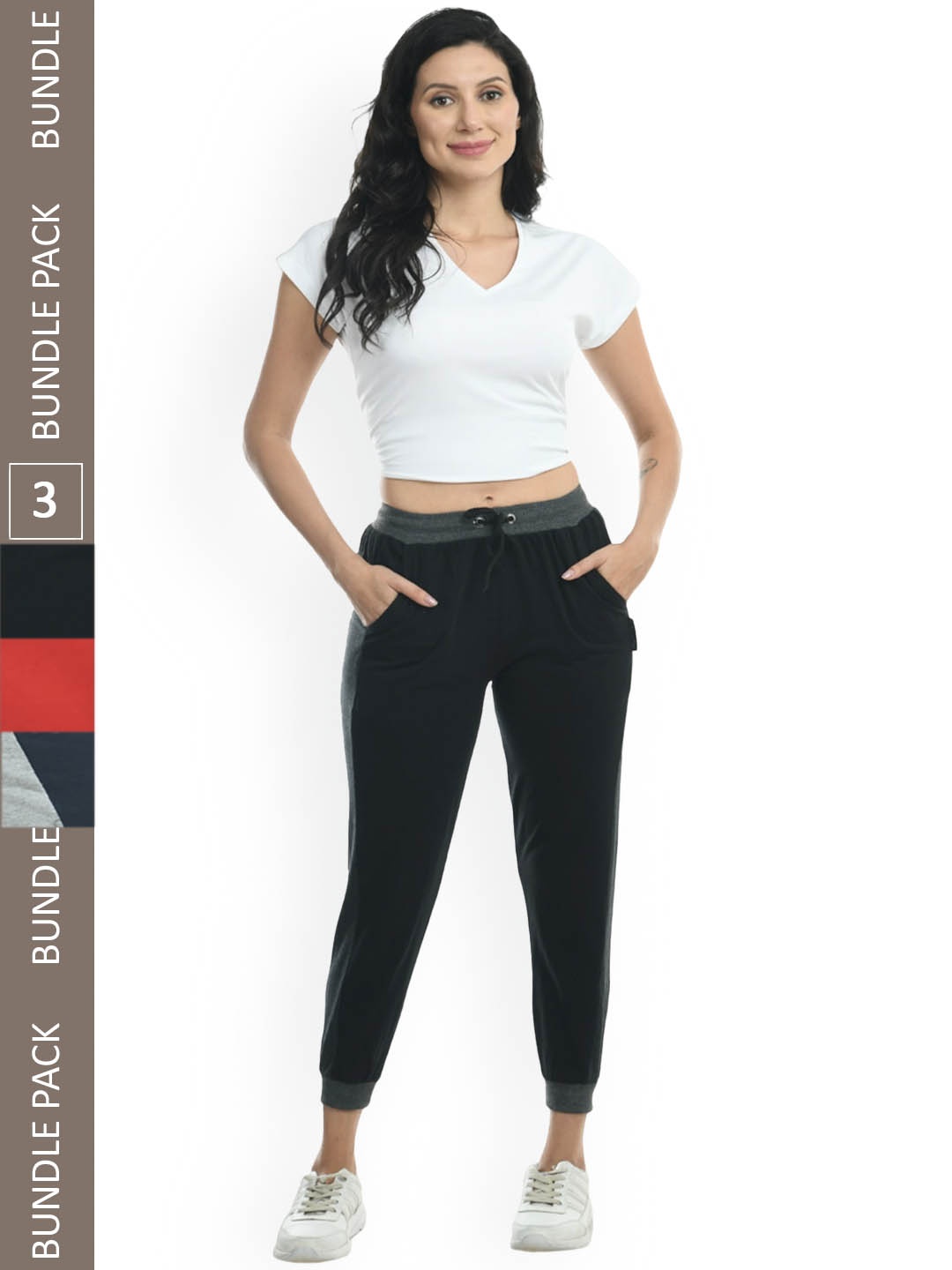 

IndiWeaves Women Pack Of 3 Panel Details Pure Cotton Joggers, Black