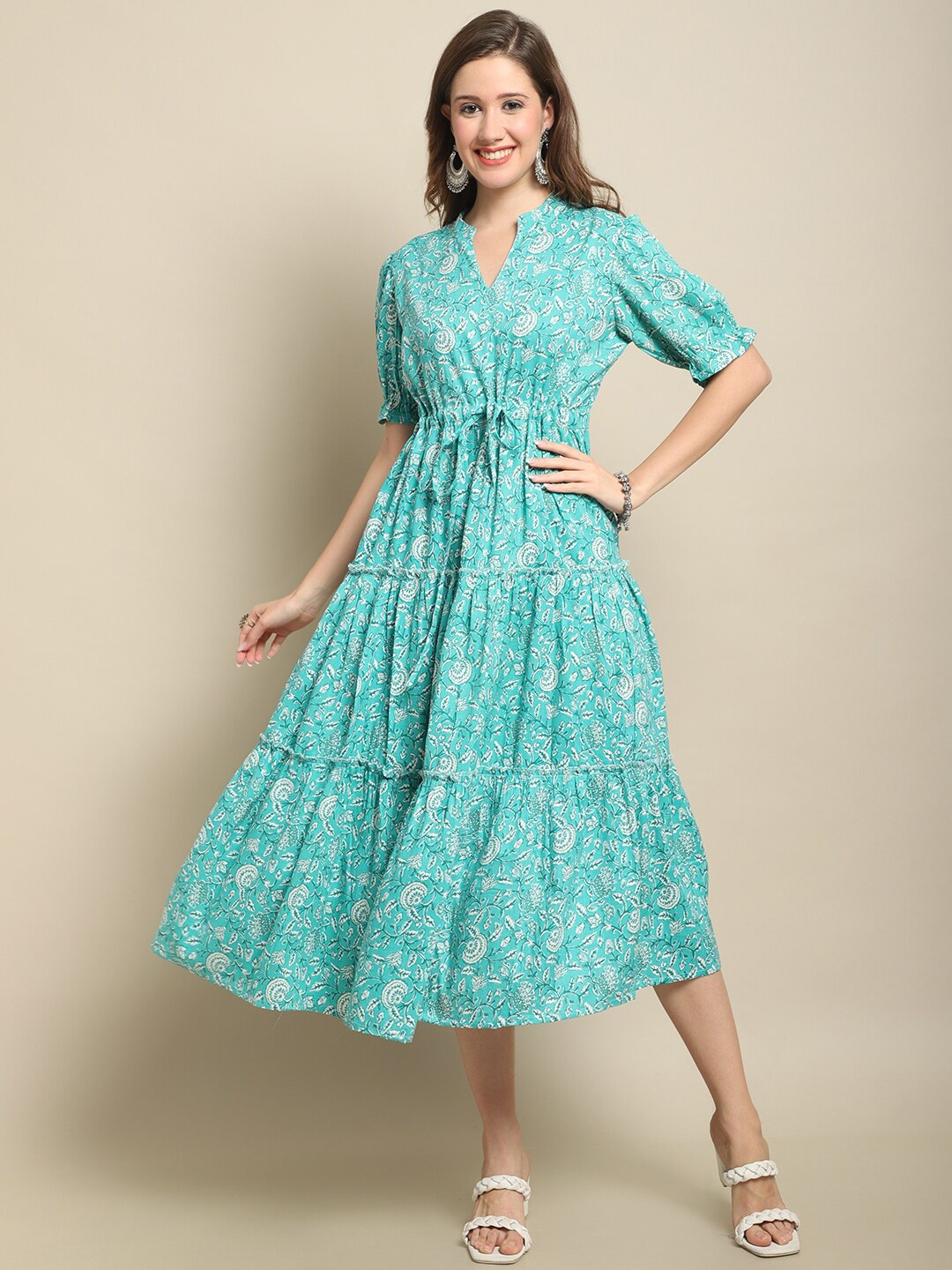 

ANAISA Mandarin Collar Floral Printed Tiered A-Line Midi Dress, Blue