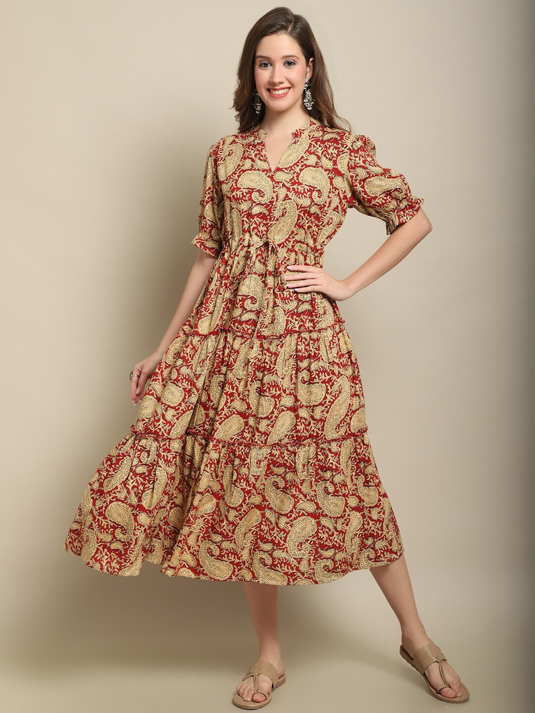 

ANAISA Mandarin Collar Paisley Printed Tiered A-Line Midi Dress, Maroon
