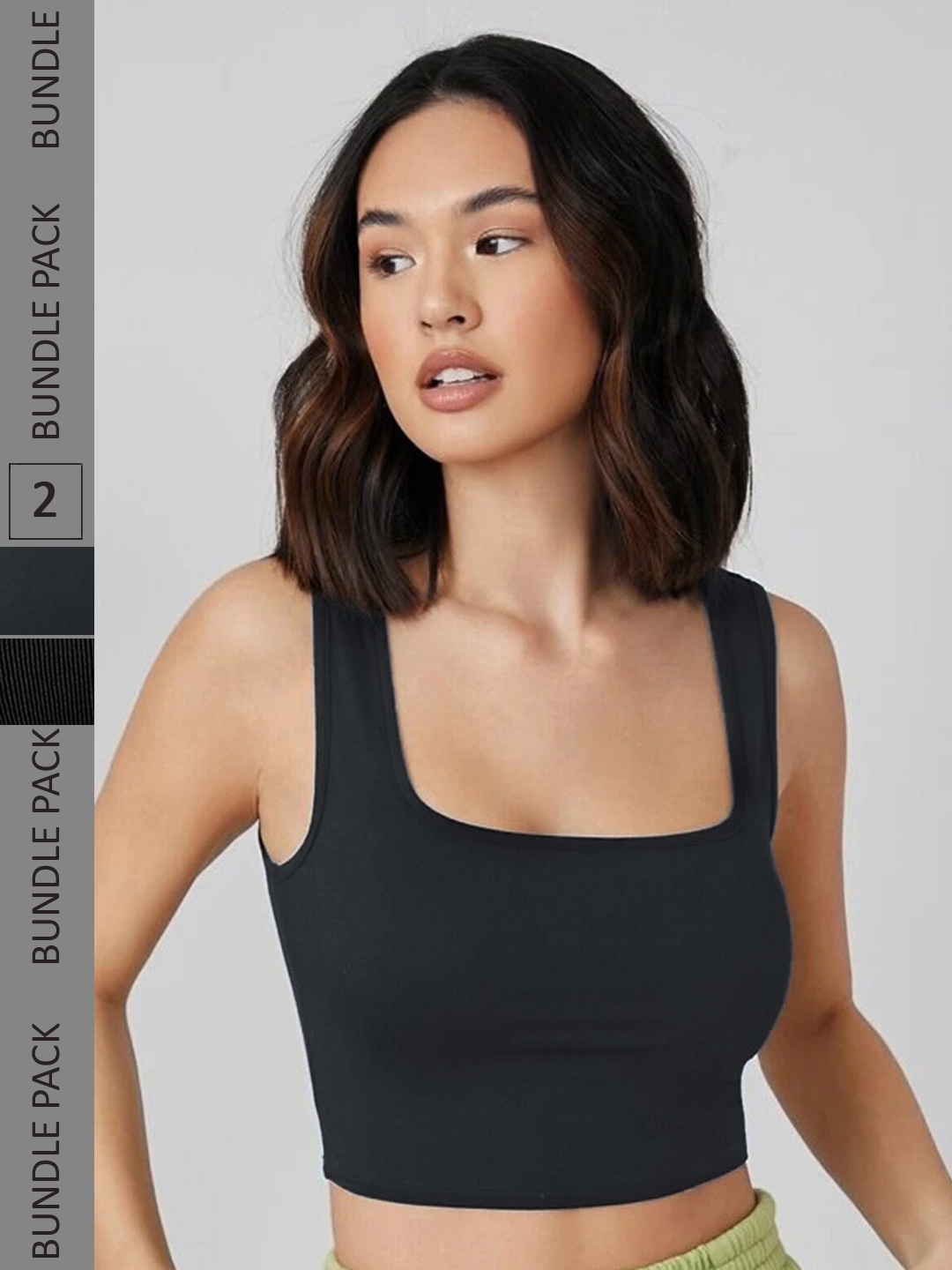 

Selvia Pack Of 2 Square Neck Tank Crop Top, Black