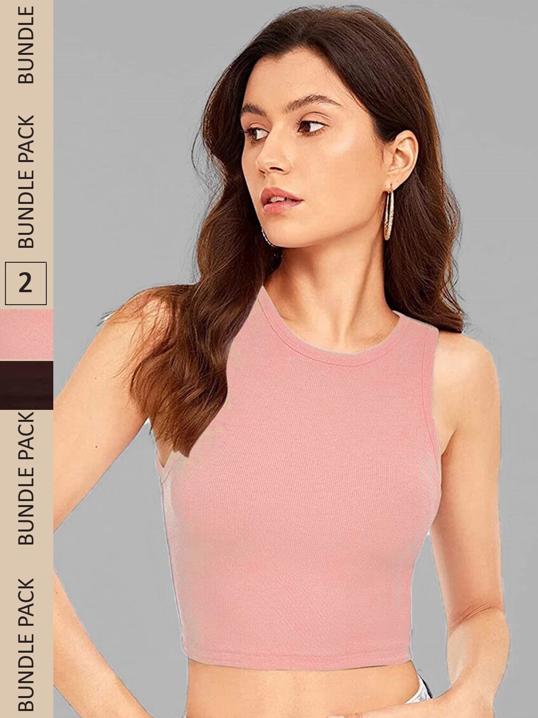 

Selvia Pack Of 2 Round Neck Tank Crop Top, Peach