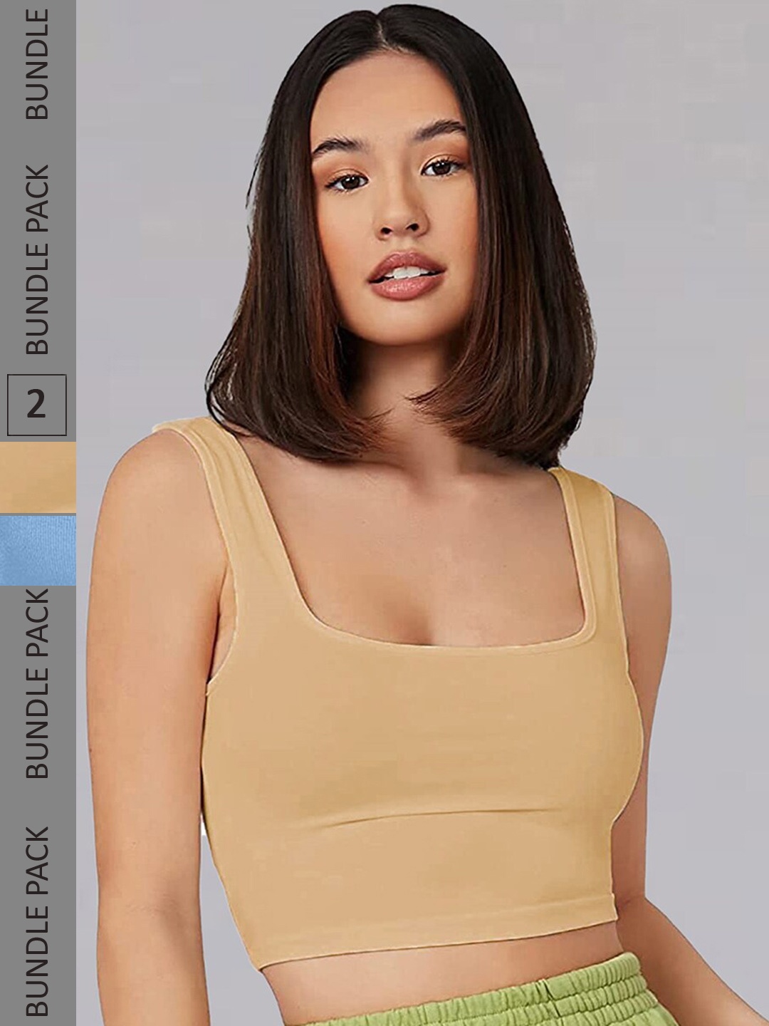 

Selvia Pack Of 2 Square Neck Tank Crop Top, Beige