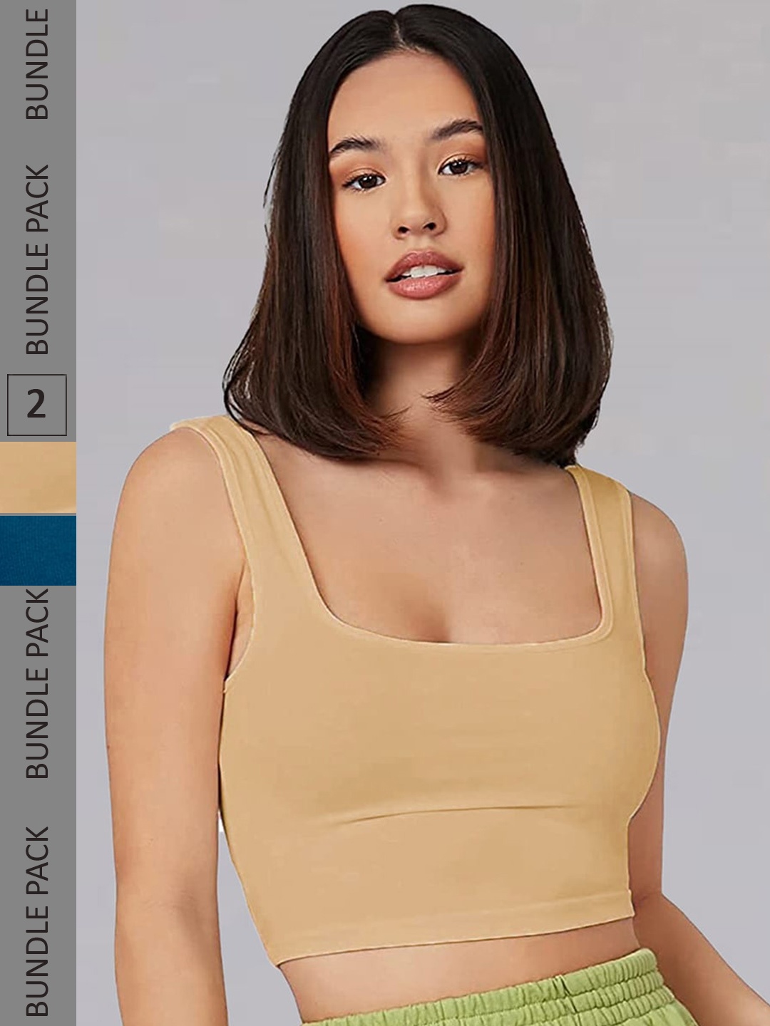 

Selvia Pack of 2 Knitted Crop Tops, Beige