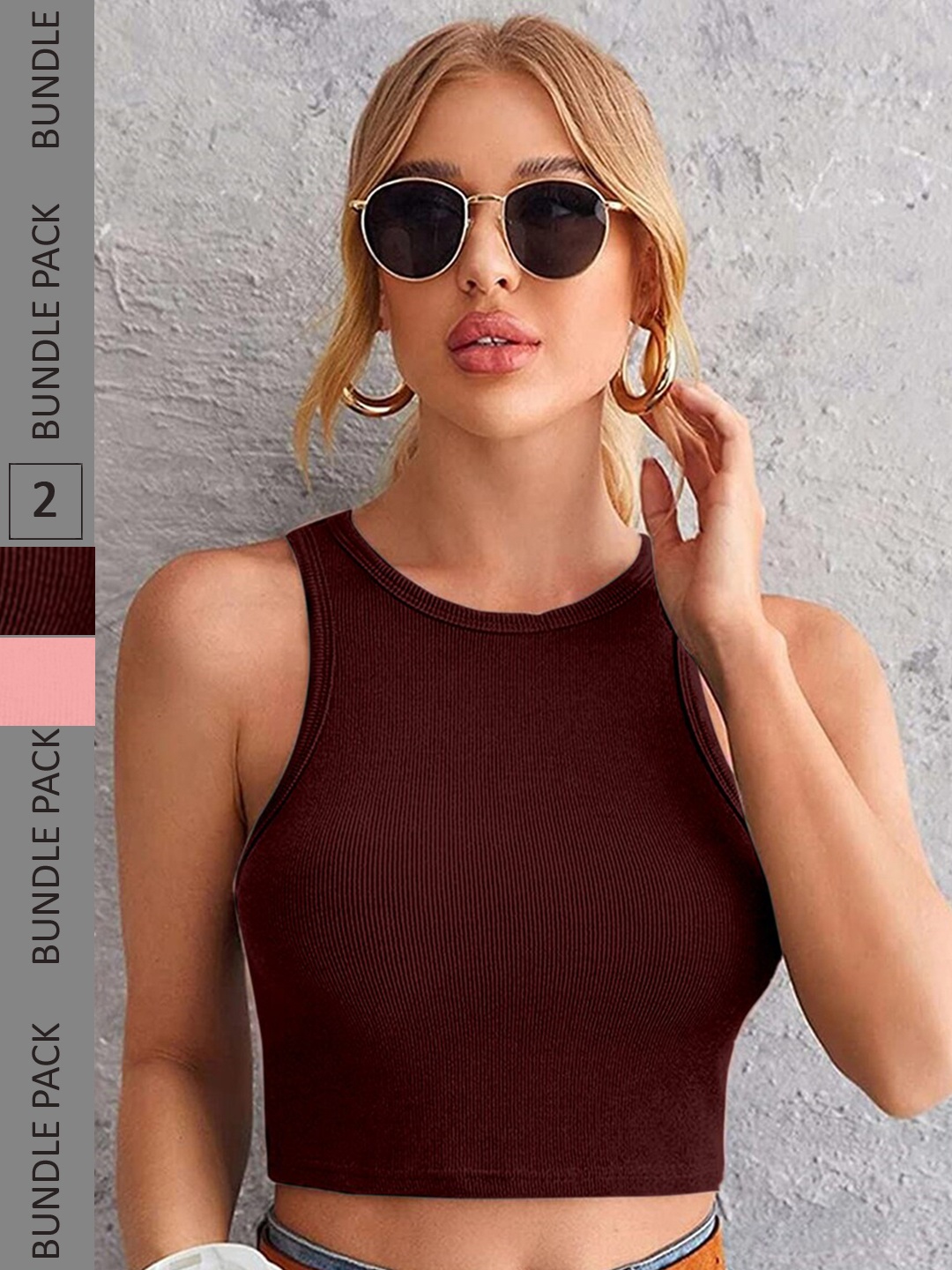 

Selvia Pack of 2 Ribbed Crop Tops, Peach