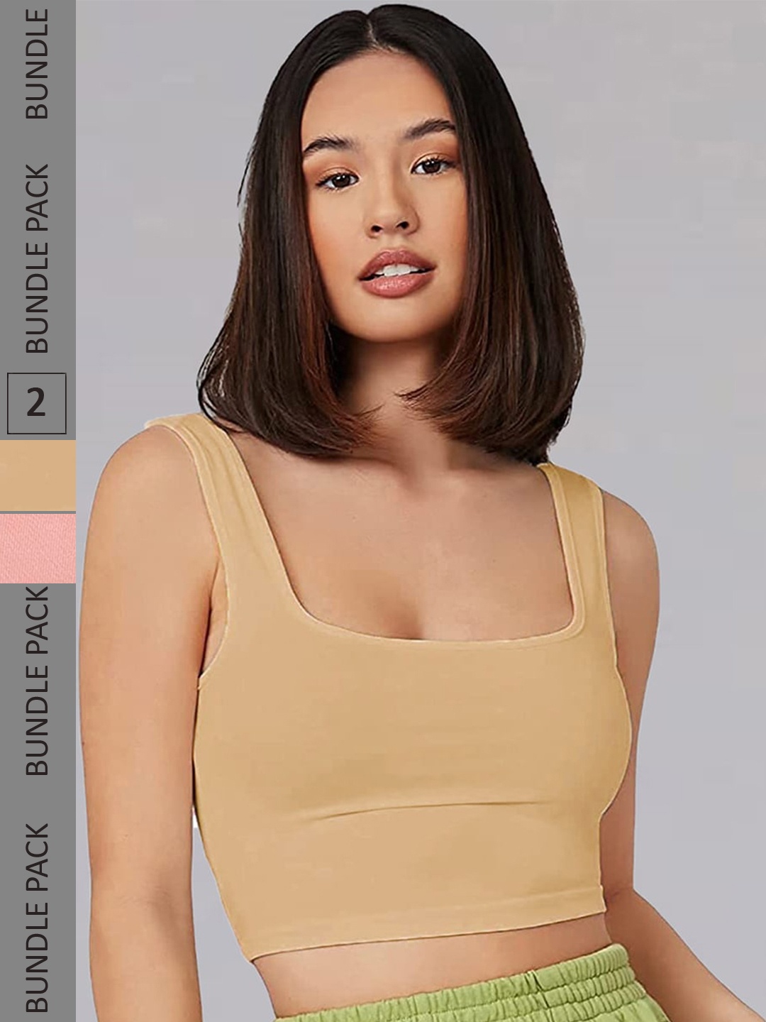 

Selvia Pack Of 2 Ribbed Fitted Crop Top, Beige