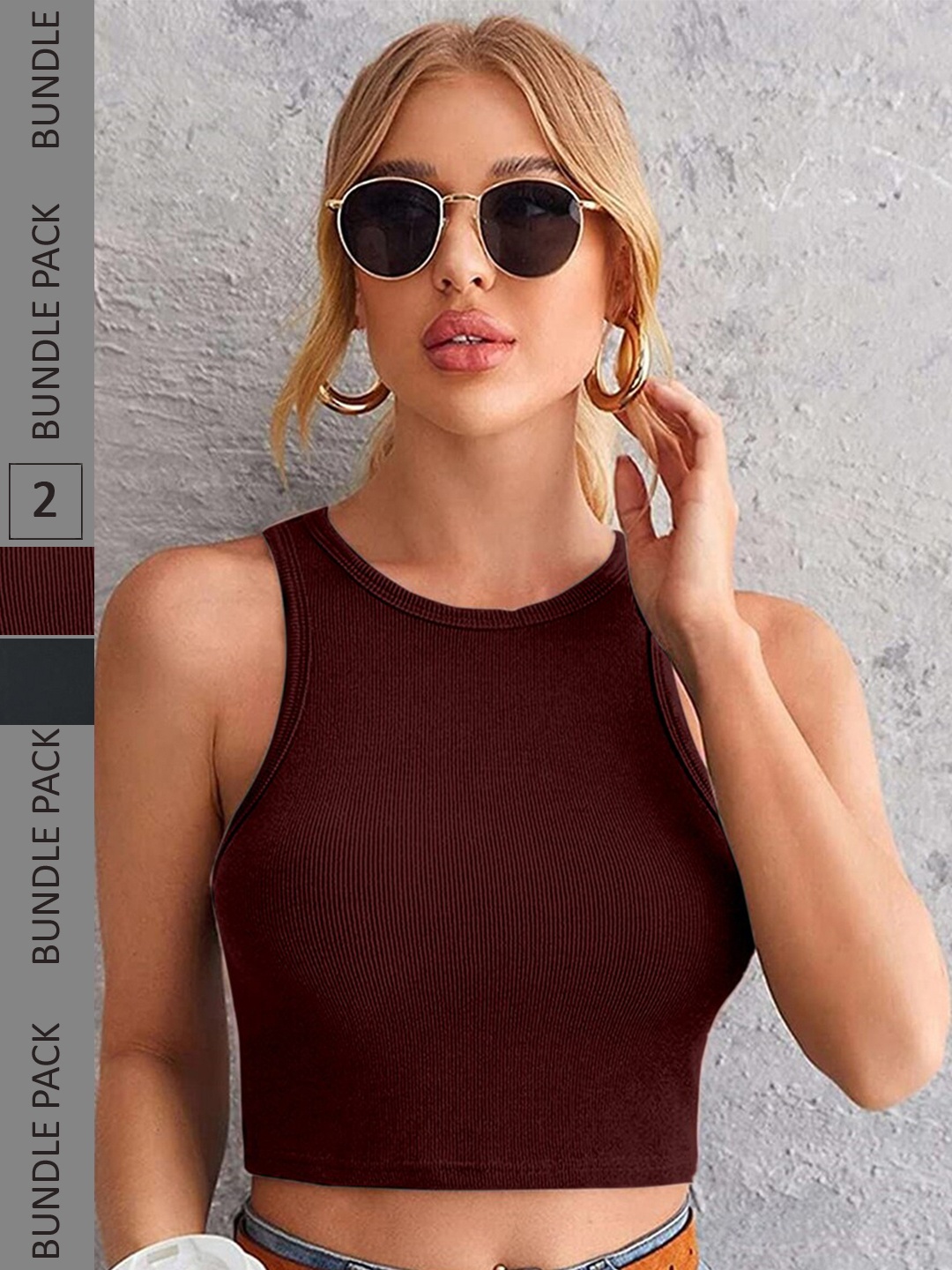 

Selvia Pack Of 2 Ribbed Fitted Crop Top, Black