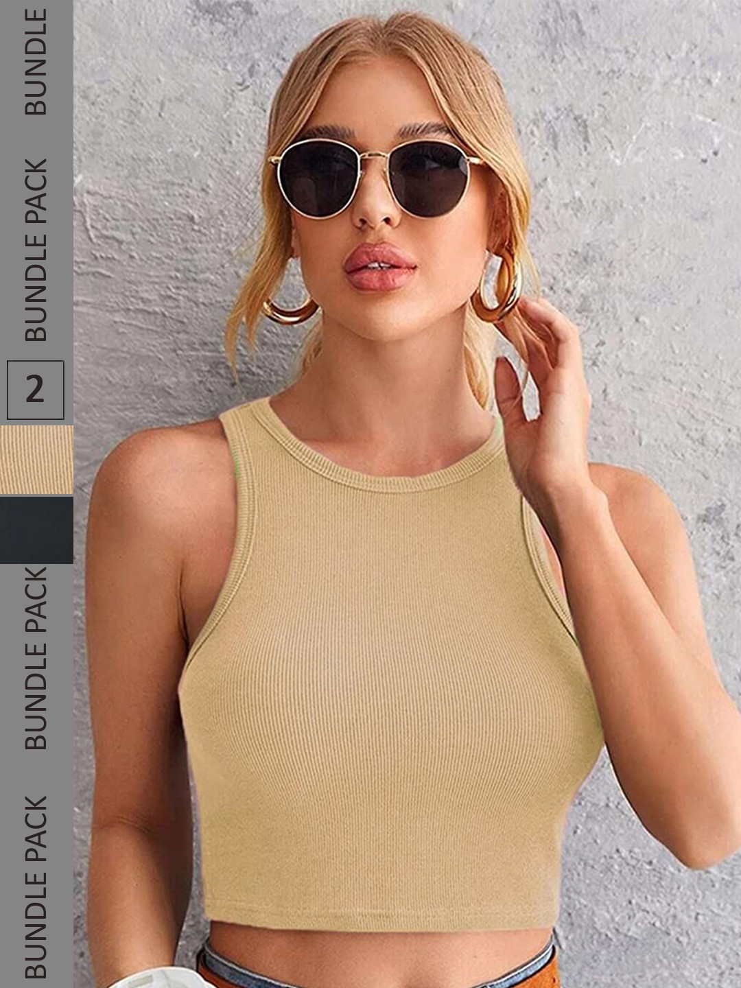

Selvia Pack of 2 Knitted Crop Tops, Black