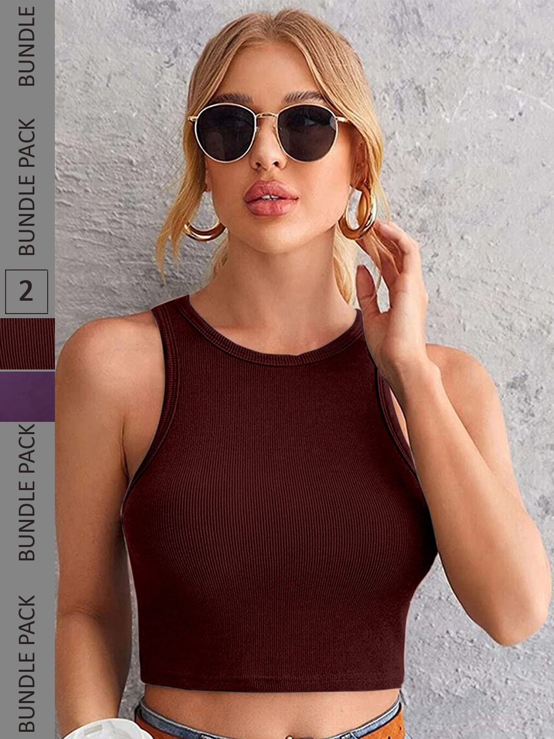 

Selvia Pack Of 2 Round Neck Tank Crop Top, Maroon