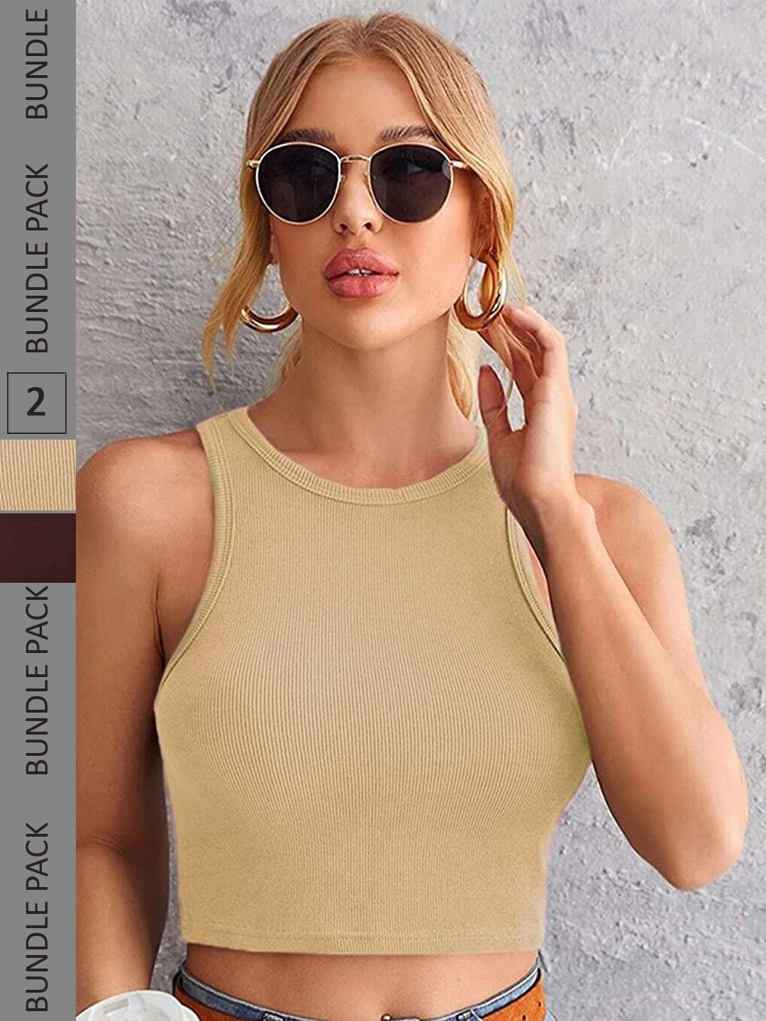 

Selvia Pack Of 2 Round Neck Tank Crop Top, Beige