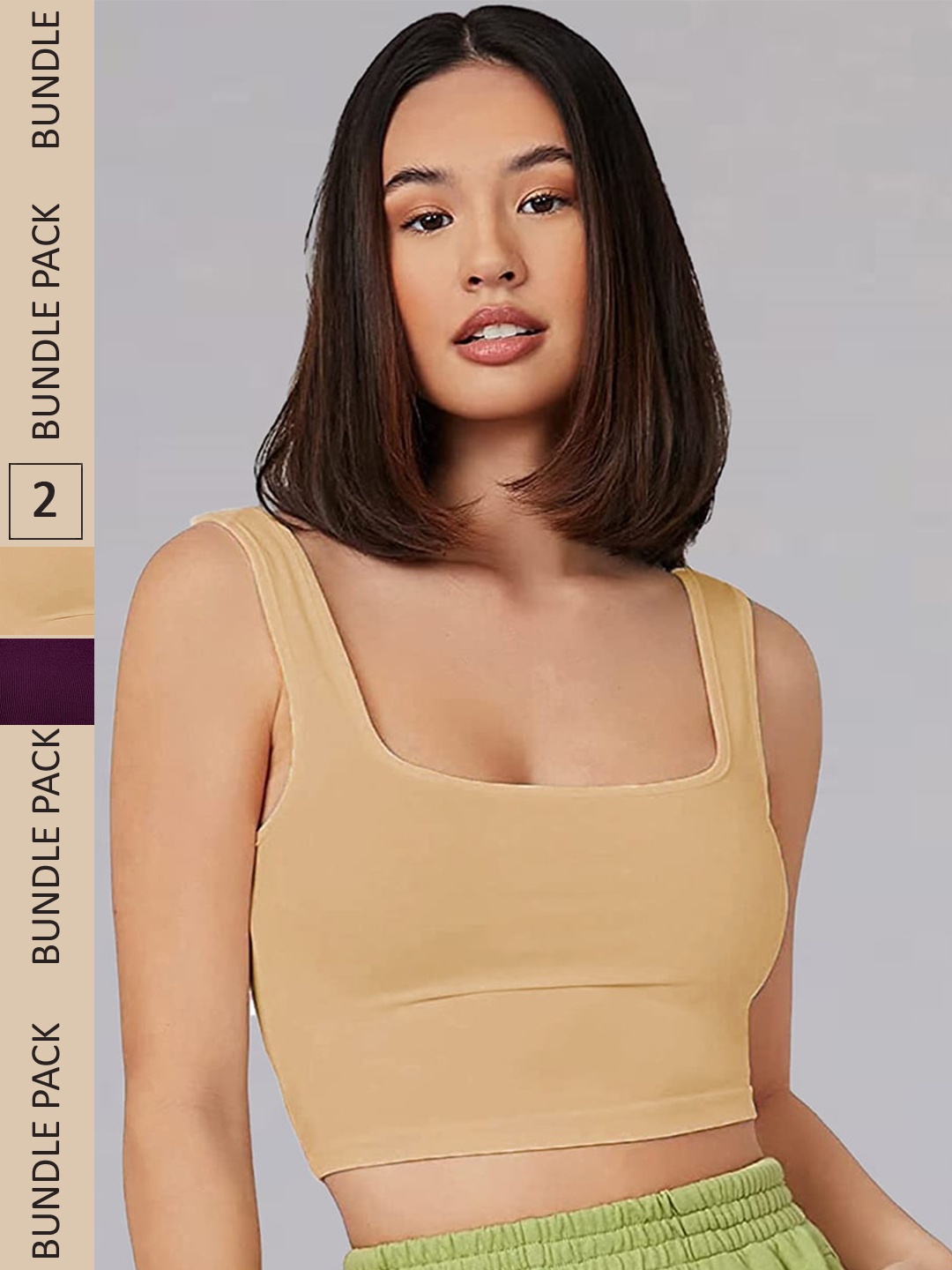 

Selvia Pack Of 2 Square Neck Tank Crop Top, Beige