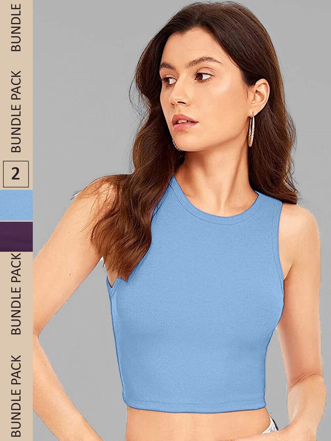 

Selvia Pack Of 2 Round Neck Tank Crop Top, Blue