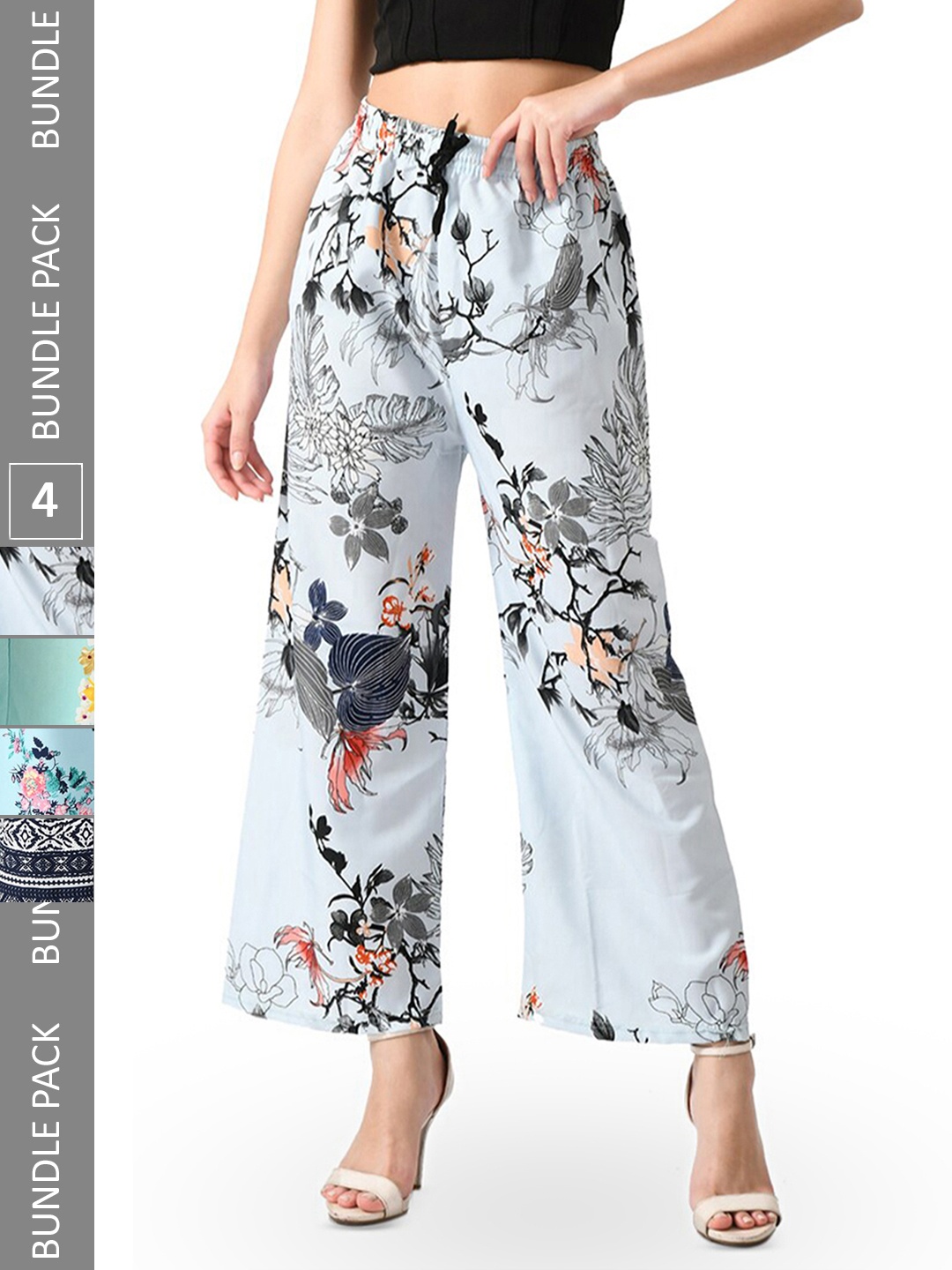 

IndiWeaves Women Pack Of 4 Floral Printed Straight Palazzos, White