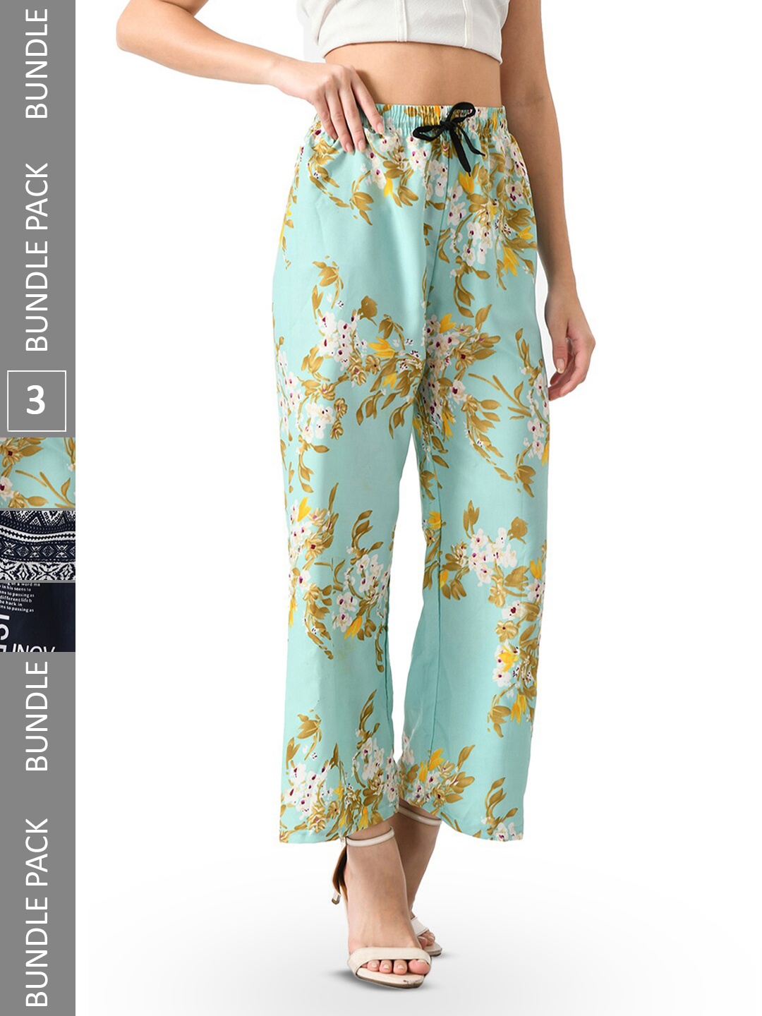 

IndiWeaves Women Pack of 3 Floral Printed Crepe Palazzos, Black
