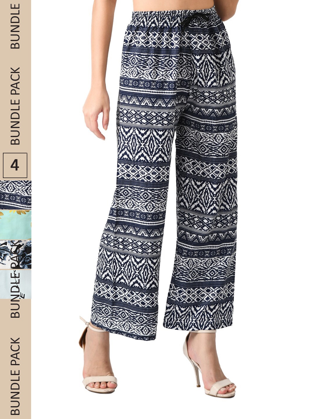 

IndiWeaves Women Pack Of 4 Printed Palazzos, Navy blue