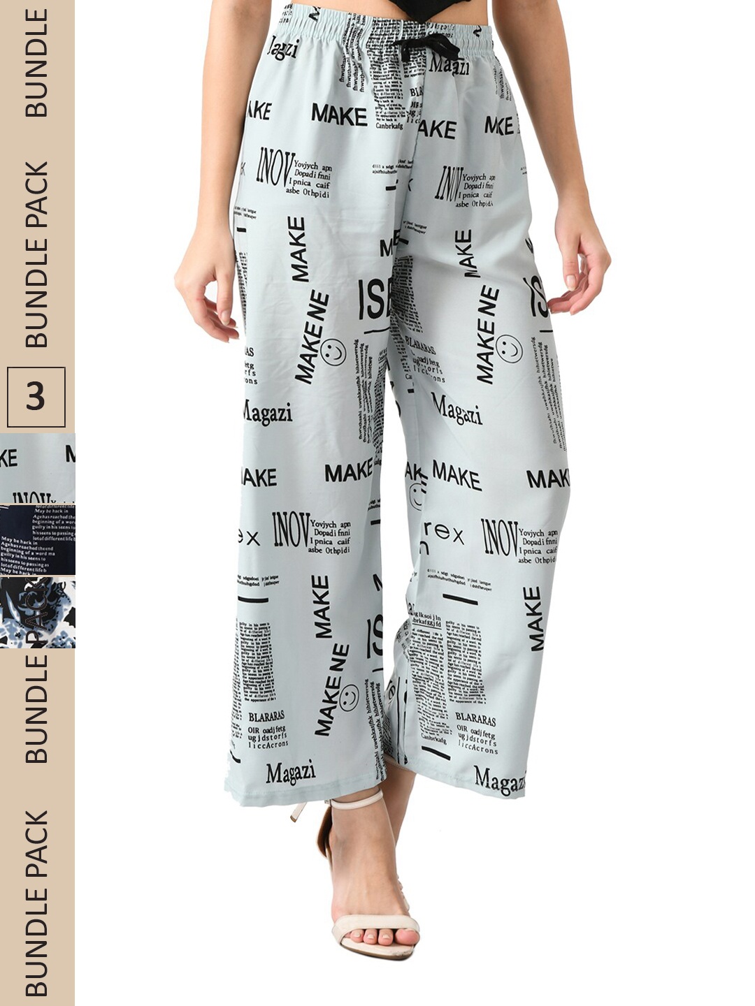 

IndiWeaves Women Pack Of 3 Printed Palazzos, Navy blue