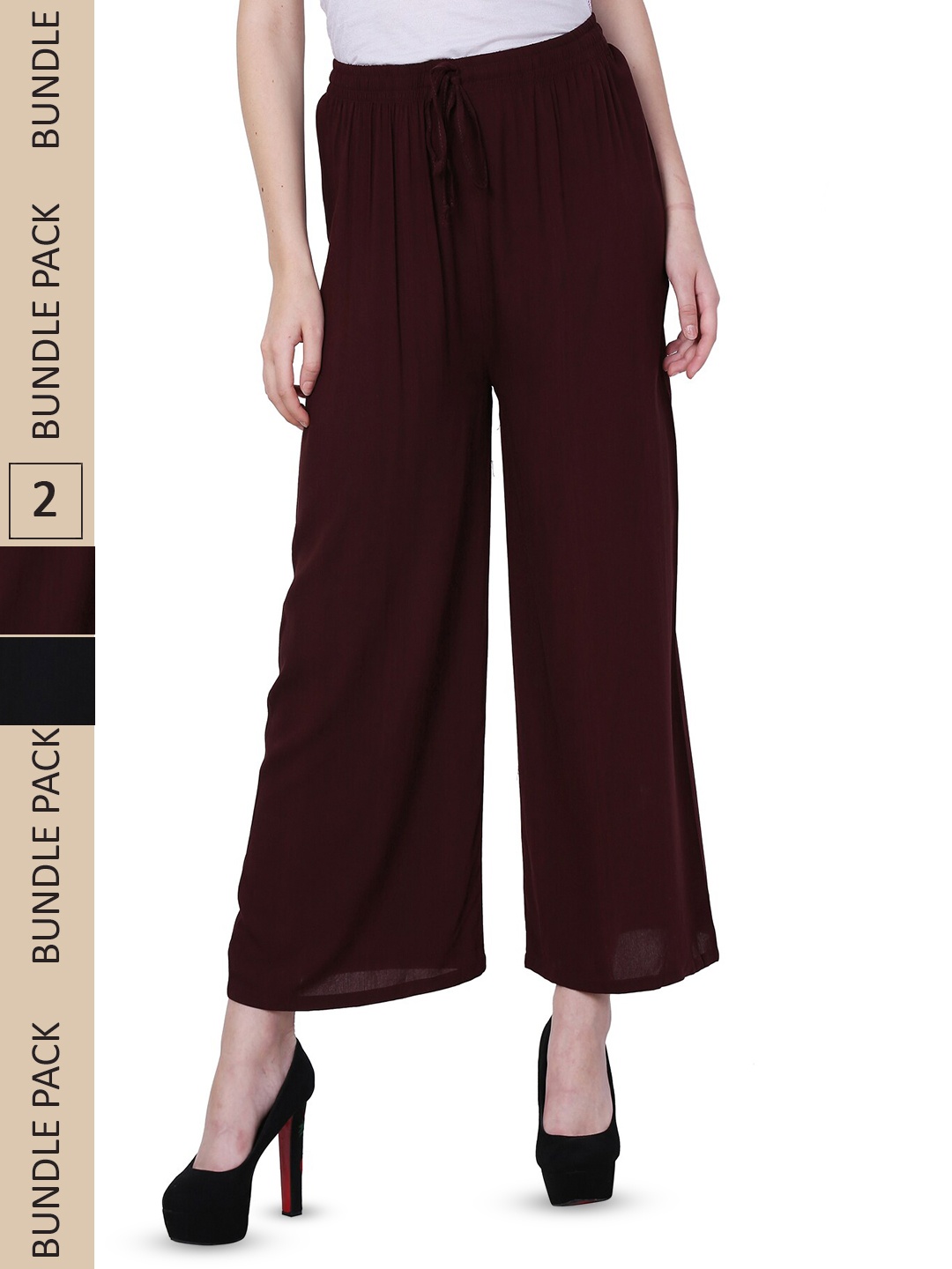 

IndiWeaves Women Pack of 2 Wide Leg Palazzos, Maroon