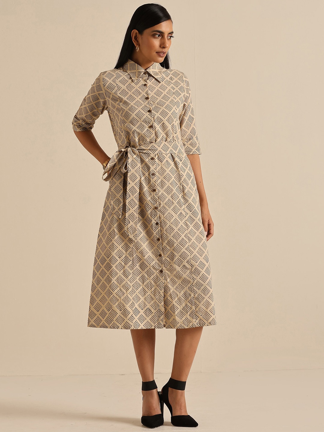 

OKHAI Block Printed Shirt Midi Dress, Cream