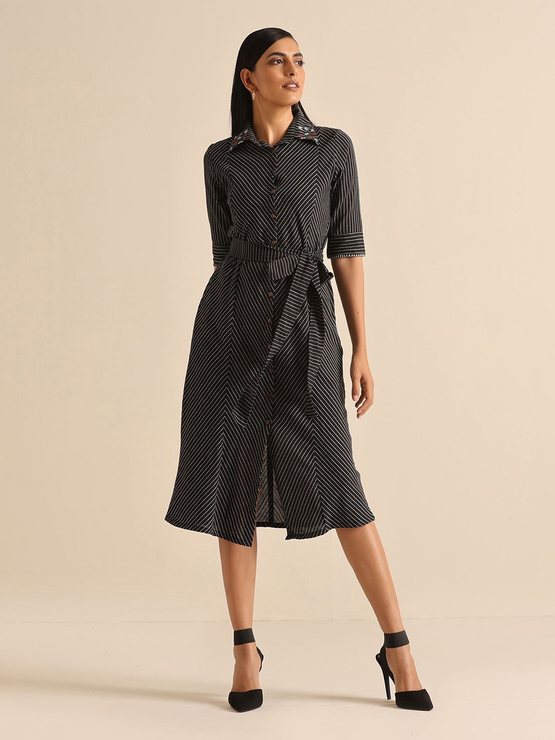 

OKHAI Striped Printed Embellished Shirt Midi Dress, Black