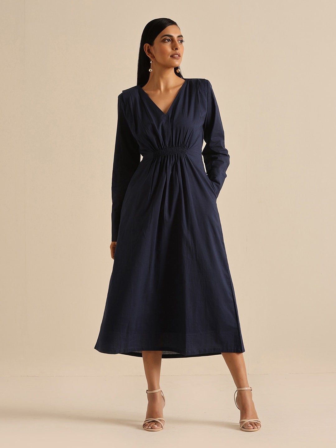 

OKHAI Composed Solid Smocked Detailing Cotton Fit & Flare Dress, Navy blue