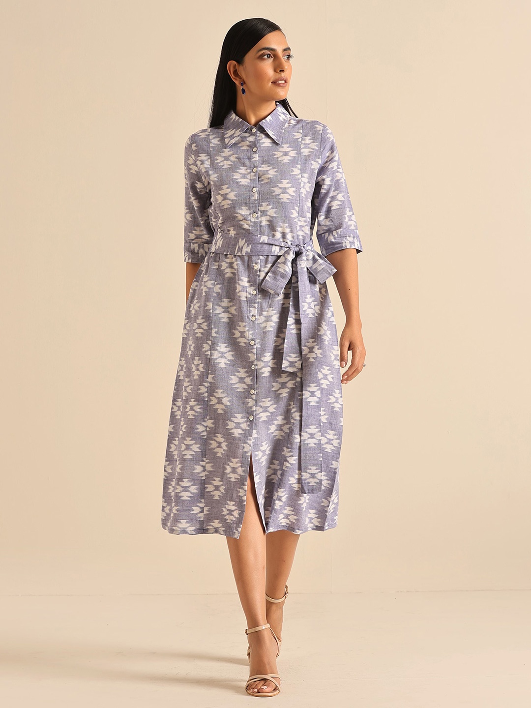 

OKHAI Empathetic Ikat Abstract Printed Shirt Midi Dress, Grey