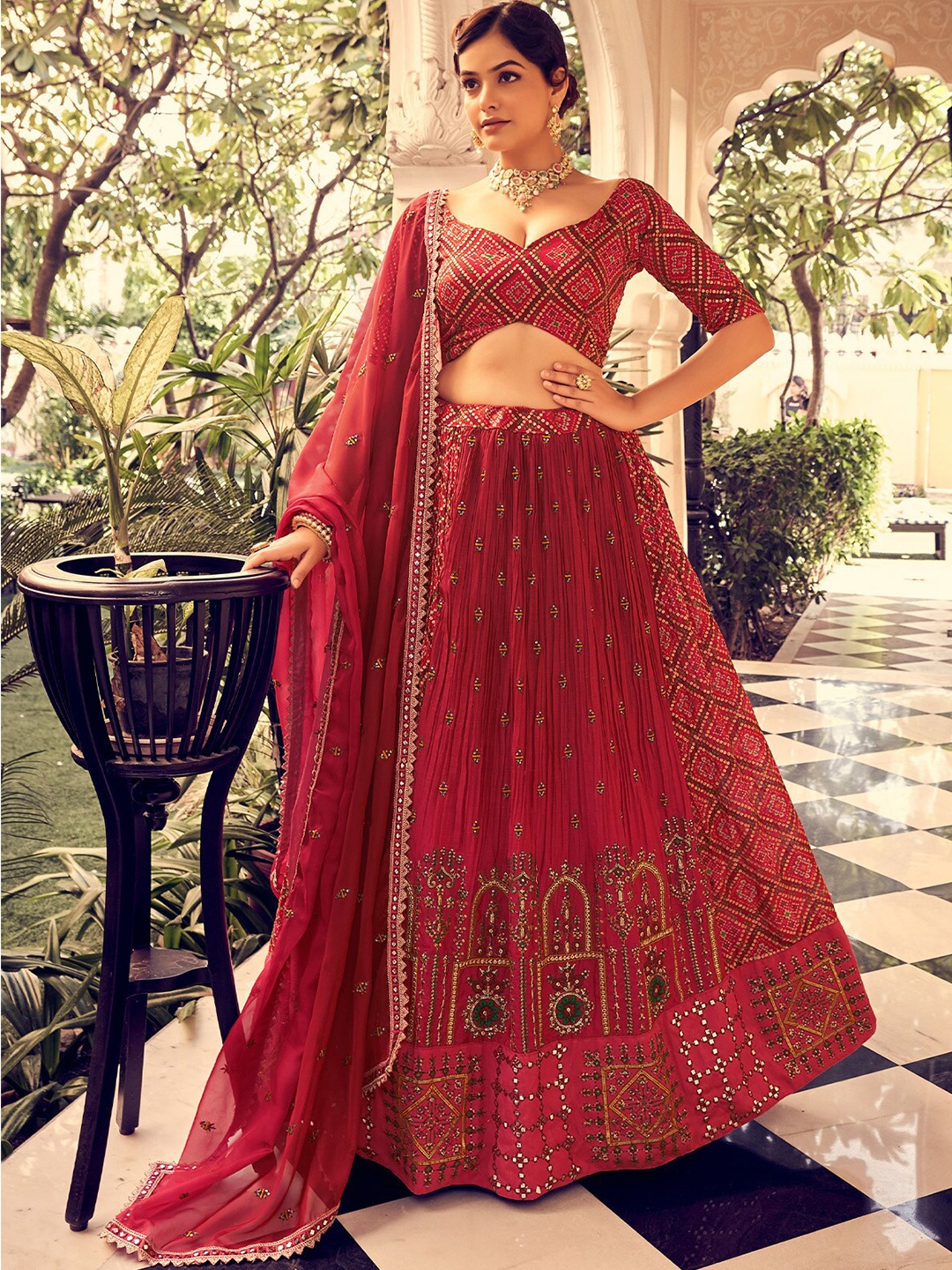 

ODETTE Embroidered Semi-Stitched Lehenga & Unstitched Blouse With Dupatta, Pink