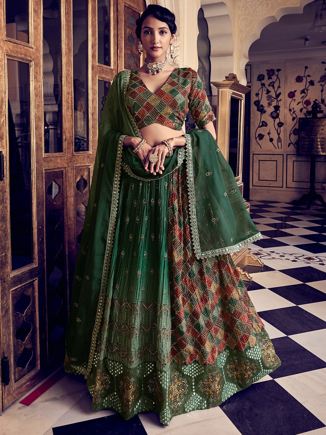 

ODETTE Printed Semi-Stitched Lehenga & Unstitched Blouse With Dupatta, Green