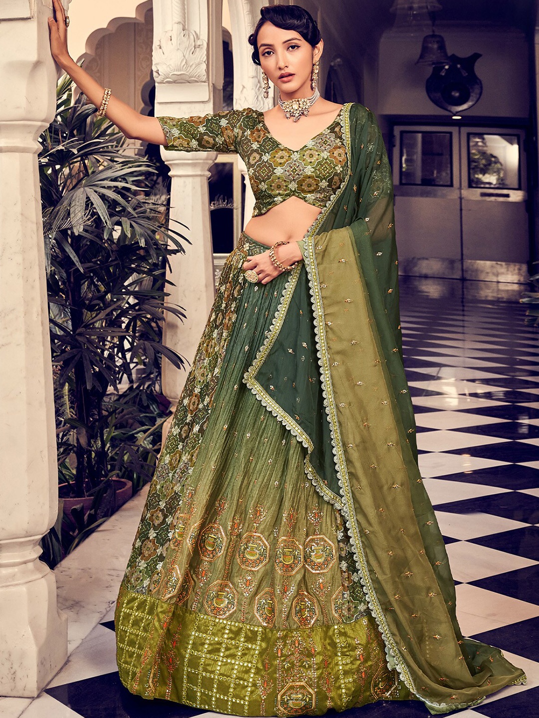 

ODETTE Embroidered Semi-Stitched Lehenga & Unstitched Blouse With Dupatta, Olive