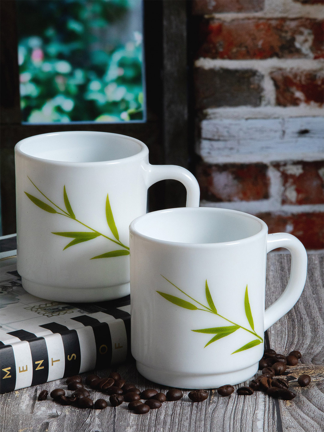 

Cello White & Green 2 Pcs Floral Printed Opalware Glossy Mugs-300ml