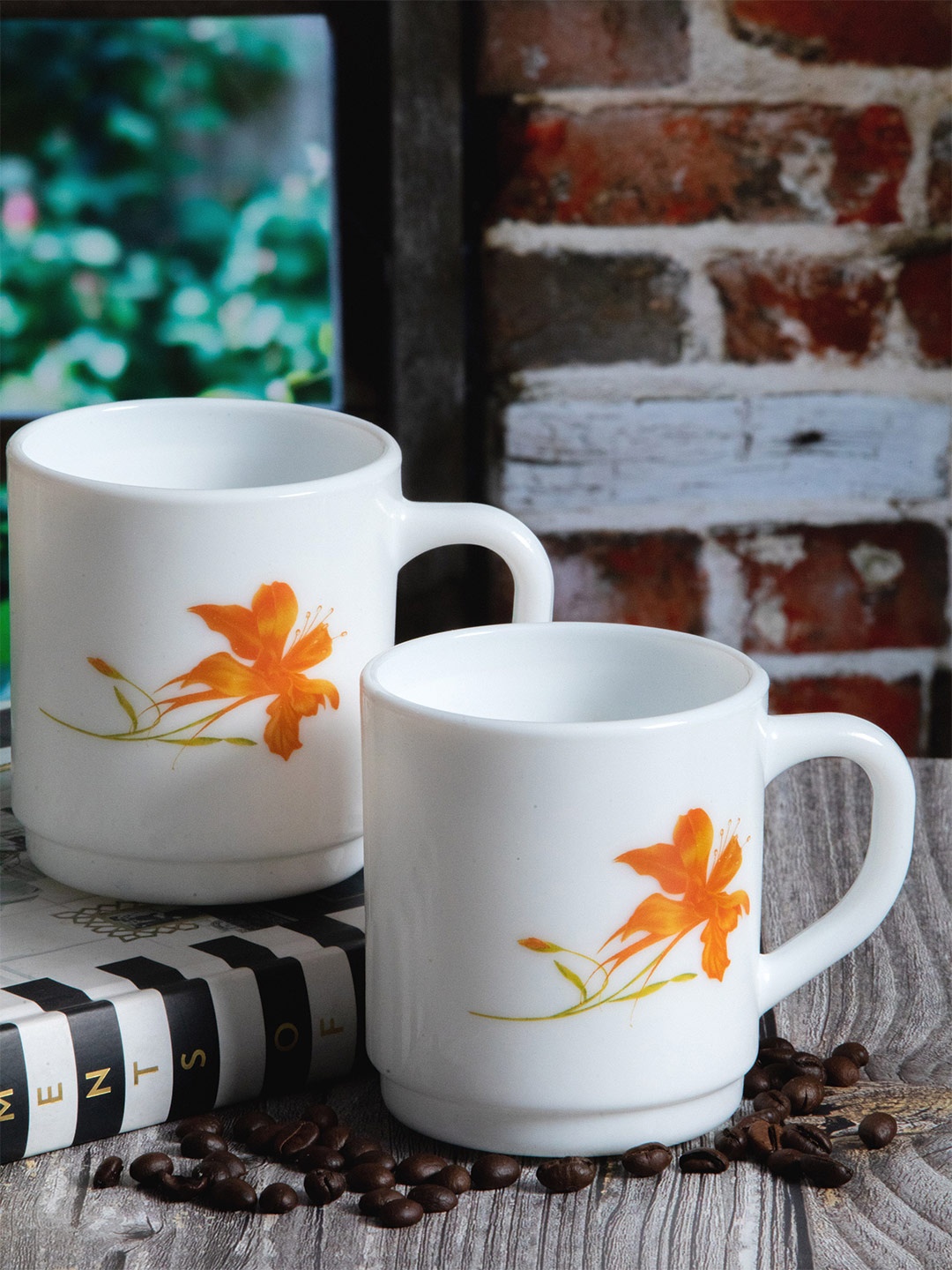

Cello White & Orange 2 Pcs Floral Printed Opalware Glossy Mugs-300ml