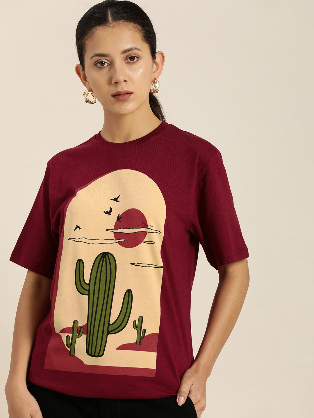 

DILLINGER Women Graphic Printed Loose T-shirt, Maroon