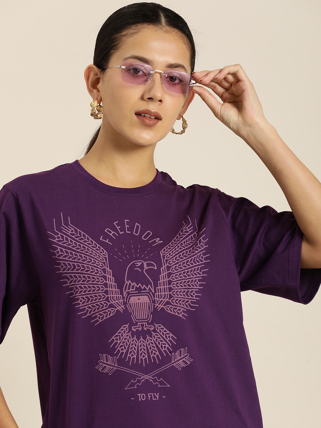 

DILLINGER Women Graphic Printed Loose T-shirt, Purple