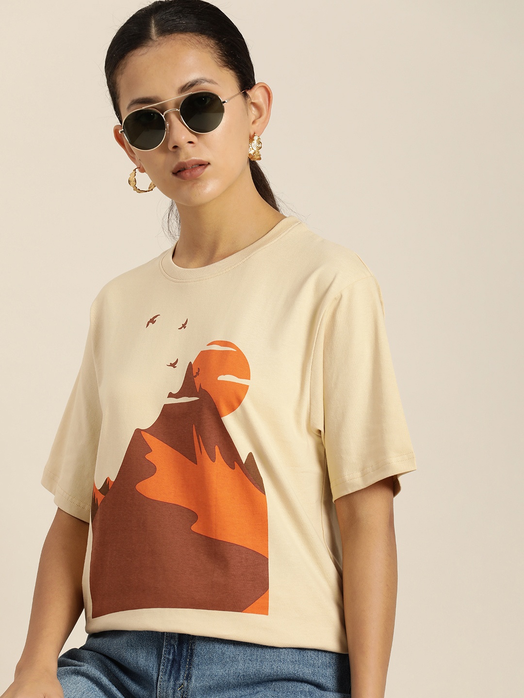 

DILLINGER Women Graphic Printed Loose T-shirt, Beige