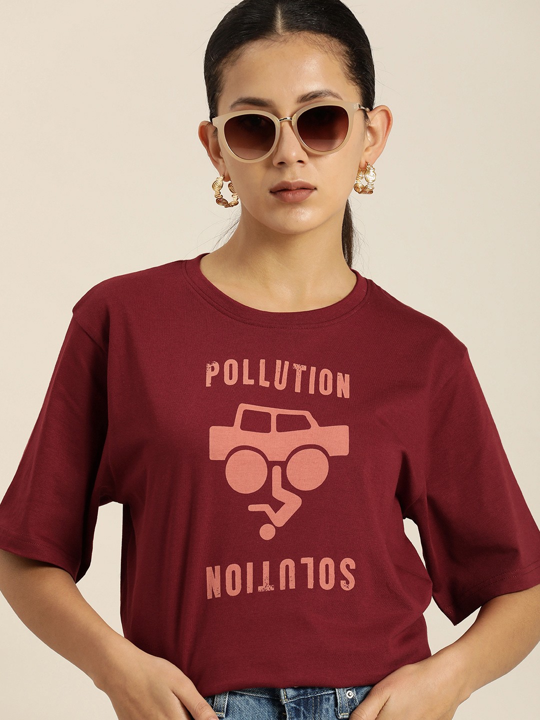 

DILLINGER Women Graphic Printed Loose T-shirt, Maroon