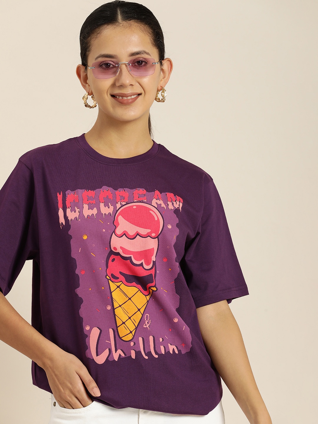 

DILLINGER Women Graphic Printed Loose T-shirt, Purple