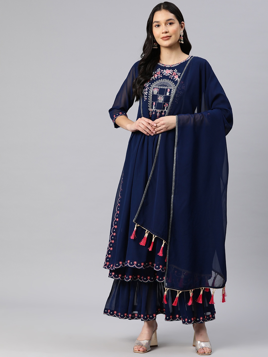 

RAJGRANTH Women Floral Yoke Design Pleated Sequinned Kurta with Sharara & With Dupatta, Navy blue