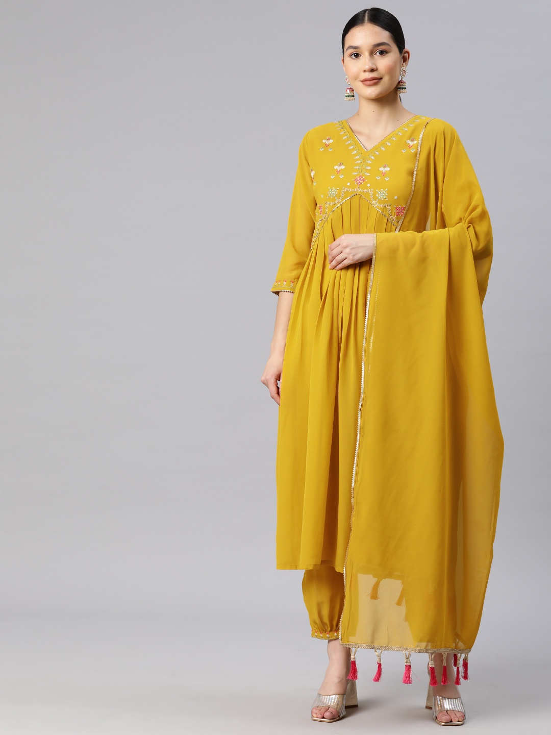 

RAJGRANTH Ethnic Motifs Embroidered Empire Thread Work Kurta With Salwar & Dupatta, Yellow