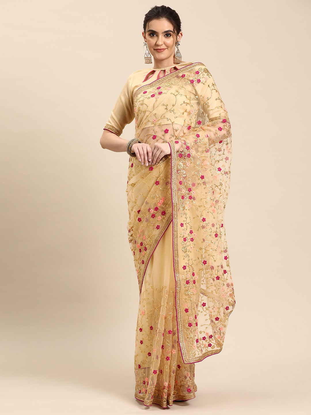 

RAJGRANTH Floral Zari Net Chanderi Saree, Peach