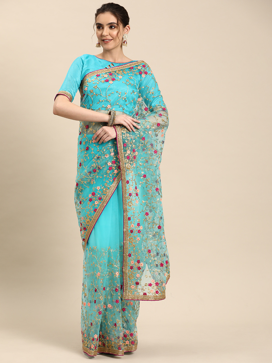 

RAJGRANTH Floral Zari Net Chanderi Saree, Turquoise blue